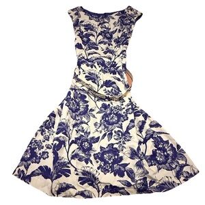 Adrianna Papell Women's Dress Size 16 Blue Floral Belt Chiffon A-Line Midi